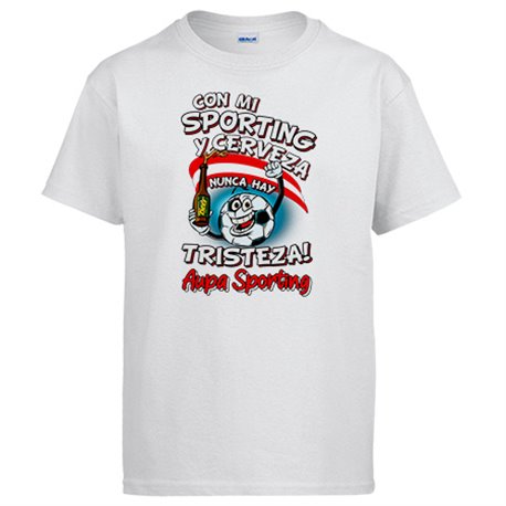 Camiseta frase con mi Sporting y cerveza nunca hay tristeza Gijón fútbol